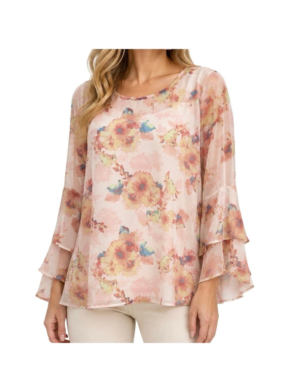 Belle by Kim Gravel Sz Medium Tropical Beach Pink Floral Blouse Shirt Top